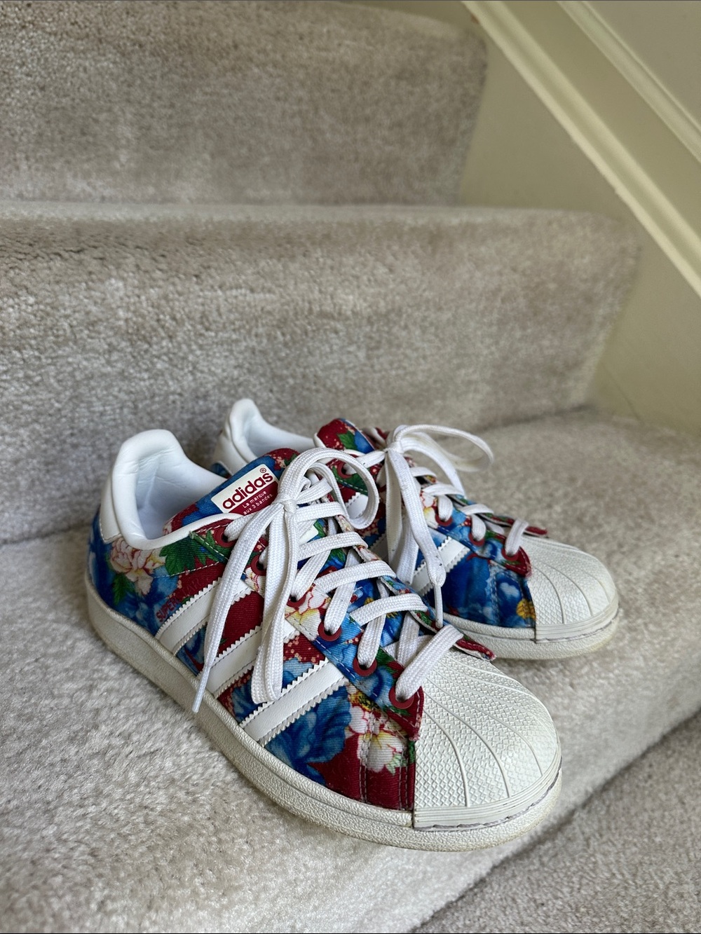 Adidas Originals Floral Shell-Toe Sneakers in Blue & Red